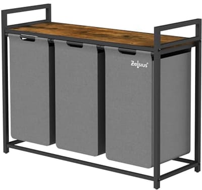 Zelsius Wasmand met 3 vakken, grijs, 92,5 x 33 x 72 cm, wasmand met plank, vuilwaszak met waszak, wassorteerder, waszak, wassysteem, wasmand