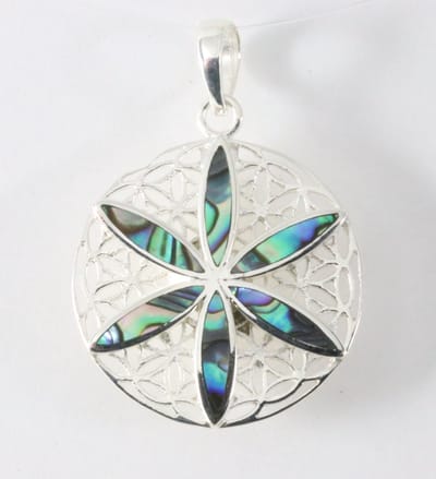 Ronde zilveren levensbloem hanger met abalone schelp