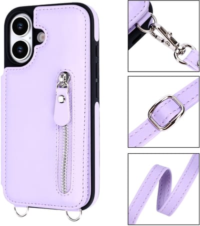 Casemania Hoesje Geschikt voor Apple iPhone 17 - Paars - Luxe Back Cover met Koord en Rits - Wallet Case met Pasjeshouder - Lanyard Telefoonhoes - Cord Case