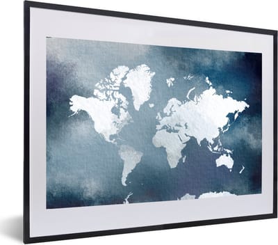 Poster in lijst - Fotolijst 60x40 cm - Posters - Wereldkaart - Aquarel - Blauw - Posterlijst zwart - Decoratie - Wanddecoratie woonkamer - Muurdecoratie slaapkamer