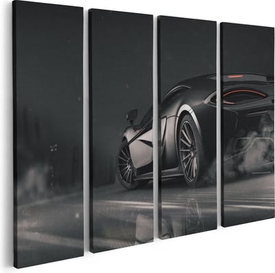 Artaza Canvas Schilderij Vierluik Zwarte Sportwagen Auto Nabij Een Stad - 80x60 cm - Wanddecoratie Woonkamer - Schilderijen - Muurdecoratie