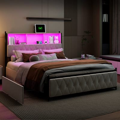 Gestoffeerd bed 180x200 cm met LED en USB, tweepersoonsbed met opbergruimte en lattenbodem,4 laden,bedframe met rugleuning voor jongerenbed, zonder matras,fluweel,beige