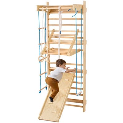 VEVOR Zweedse laddermuur, 8-in-1 15-traps indoor klimrek, draagvermogen 100 kg, klimtoestel met wandladder, glijplank, optrekstang, gymnastiekringen, schommelzitje en touwladder