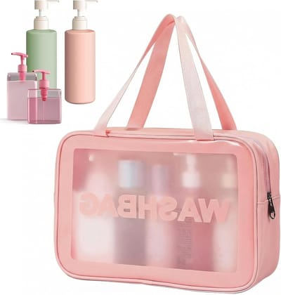 Duidelijke en waterdichte toilettas met handvat, grote capaciteit voor make-up en verzorging, ideaal voor thuis en op reis, roze