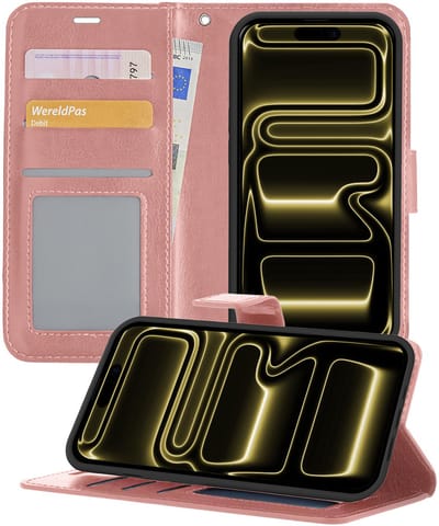 Hoesje - Met Pasjeshouder - Geschikt voor Apple iPhone 17 Pro - Luxe Bookcase Portemonee - Flip Case - Kunstleer Book Case - Flipcase - Book Cover - Walletcase - Portemonneehoes - Telefoonhoesjes - Rosé goud