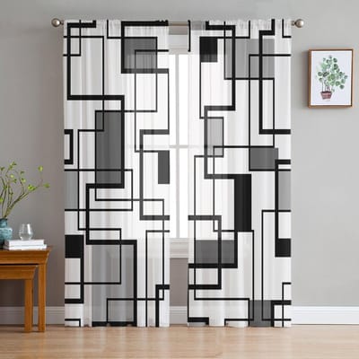 Abstracte Geometrie Vierkant Moderne Kunst Zwart Grijs Transparante Gordijnen voor Woonkamer Decoratie Raamgordijnen Keuken Tule Voile Gordijnen W135 x H115cm x1 white
