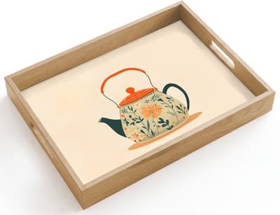 Dienblad hout 40x30 cm - Schootdienblad - Oranje - Theepot - Bloemen - Bladeren - Borrelplank rechthoek - Plateau dienbladen