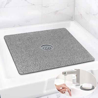Douchemat, antislip, zacht comfort, veilige badmat met afvoergaten, pvc-luffa, massage, douchematten voor natte ruimtes, sneldrogend (grijs met afvoergat in het midden, 60 x 60 cm)