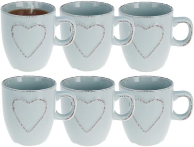 Siaki Koffiemokken set Heart - 6x - lichtblauw - 150 ml - mokken - met tekst - keramiek - giftset