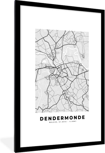 Fotolijst incl. Poster Zwart Wit- Stadskaart – Zwart Wit - Kaart – Dendermonde – België – Plattegrond - 80x120 cm - Posterlijst