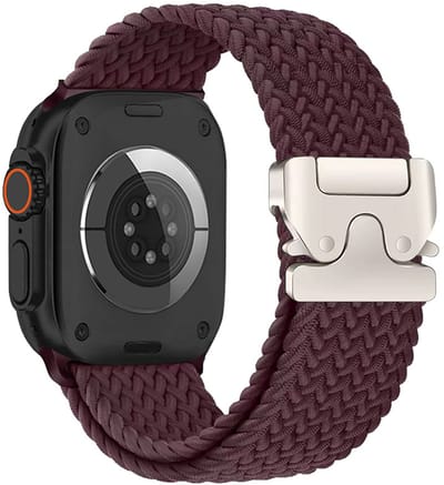 Stravo Elastisch nylon horlogebandje - Geschikt voor Apple Watch 42mm (Series 11/10), 41mm (Series 9/8/7), 40mm (Series 6/5/4, SE 1/2/3), 38mm (Series 3/2/1) - Ademende nylon bandje met dubbele knoopsluiting - Bandje met parachute gesp - Wijnrood