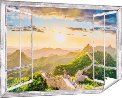 Gards Tuinposter Doorkijk De Chinese Muur door de Bergen met Zon - 150x100 cm - Tuindoek - Tuindecoratie - Wanddecoratie buiten - Tuinschilderij