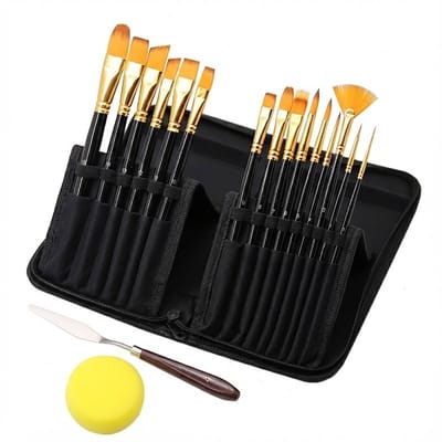 Somstyle 17-Delige Penselen Set - Voor Acrylverf, Olieverf, Waterverf & Pastelverf - Kwasten voor Schilderen - Met Spons & Paletmes - Zwart / Goud