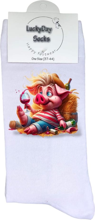 Dronken varkentje - boer sokken - verjaardag cadeau - Moederdag - Vaderdag - opkikkertje - kerst cadeau sokken - Sokken waar je vrolijk van wordt - leuke sokken voor heren en dames - leuk cadeau - wijn sokken - wijn kado - maat 37-44