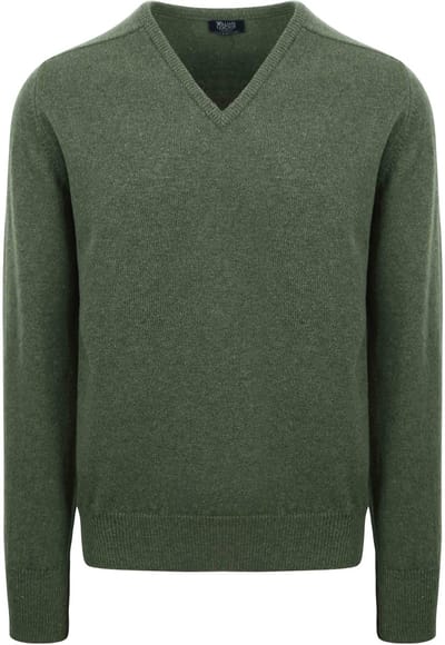William Lockie Trui Lamswol V-Hals Olijfgroen - Maat L - Heren - Pullovers