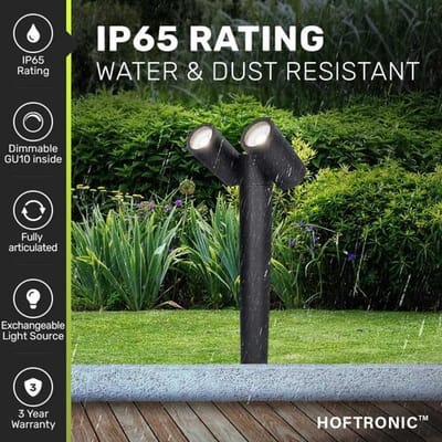 HOFTRONIC Aspen Dubbel LED sokkellamp - 45cm - 2x 4 Watt 345 Lumen - Kantelbaar - IP64 Waterdicht - 6500K - Padverlichting - Zwart - Staande