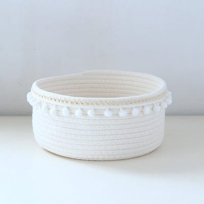 Ronde Opbergmand van Katoen, 17 x 9 cm, Gevlochten Mand met Kleine Pluizige Bollen voor Cosmetica en Snacks, Milky White