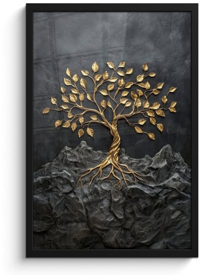 Poster in lijst - Fotolijst 40x60 cm - Posters - Bladeren - Goud - Boom - Rots - Posterlijst zwart - Decoratie - Wanddecoratie woonkamer - Muurdecoratie slaapkamer