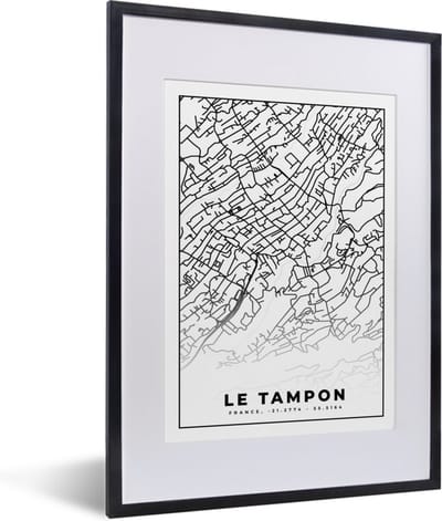 Fotolijst incl. Poster Zwart Wit- Stadskaart - Plattegrond - Kaart - Le Tampon - Frankrijk - Zwart wit - 30x40 cm - Posterlijst