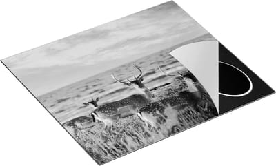 Chefcare Inductie Beschermer Drie Herten aan de Zee tijdens Zonsondergang - Zwart Wit - 60x50 cm - Afdekplaat Inductie - Kookplaat Beschermer - Inductie Mat