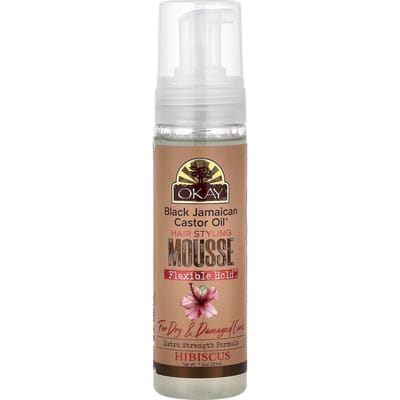 Oké Pure Naturals, Zwarte Jamaicaanse Ricinusolie®, Haarmousse, Flexibele Fixatie, Voor Droog, Beschadigd Krullend Haar, Hibiscus, 7,5 oz (221 ml) white