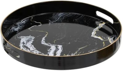 5Five Dienblad Milano Marble - kunststof - rond - D33 x H4 cm - zwart - hoge opstaande rand - voor glazen en kopjes