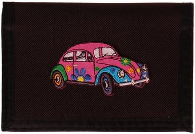 Portemonnee zwart 14x10cm - Kever Auto Flowerpower Roze&Blauw - 7x4cm