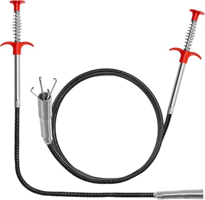 2 stuks - Gootsteenontstopper - Rioolgereedschap - Ontstoppingsveer - Afvoerontstopper - Haar reinigen - Afvoerreiniger - herbruikbaar - voor keuken, badkamer, badkuip - 60 en 90cm - RVS - zilver en rood
