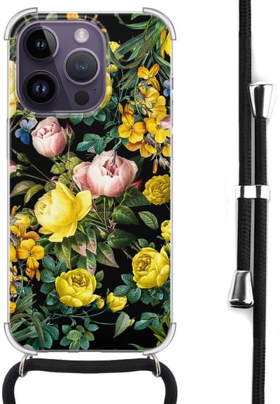 Hoesje met koord - Geschikt voor iPhone 14 Pro Max - Bloemen geel - Verstelbaar zwart koord - Transparant, Geel - Bloemen - Leuke Telefoonhoesjes