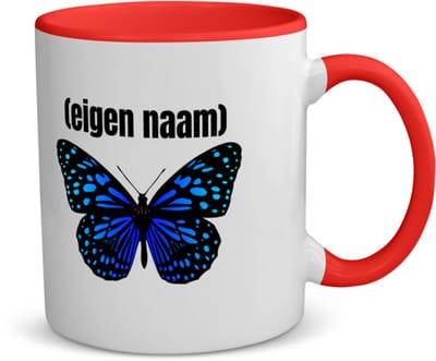 Akyol - blauwe vlinder met eigen naam koffiemok - theemok - rood - Vlinder - dieren liefhebber - iemand die houdt van vlinders - verjaardag - cadeau - kado - geschenk - 350 ML inhoud