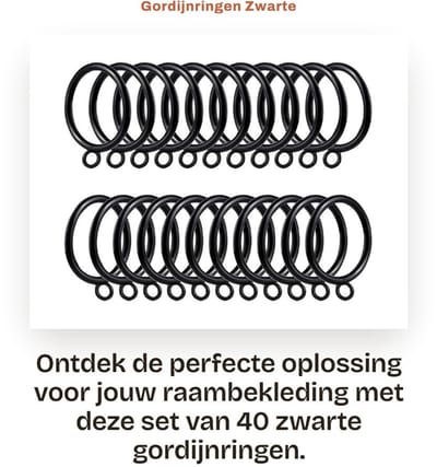 Dailygoods- Gordijnringen Zwart 40 Stuks - Gordijnringen met Oogje - Gordijnringen voor Gordijnroede - Roestvrij Staal - Duurzaam en Krasbestendig - Gordijnhaken