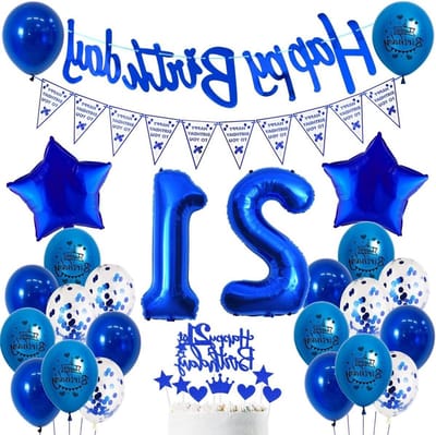 Navy blauwe versiering voor 21e verjaardag, ballonnen, decoratie en feestartikelen voor mannen en vrouwen