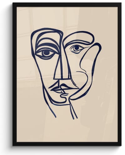 Poster in lijst - Fotolijst 60x80 cm - Posters - Minimalistisch - Lijnillustratie - Beige - Donkerblauw - Posterlijst zwart - Decoratie - Wanddecoratie woonkamer - Muurdecoratie slaapkamer