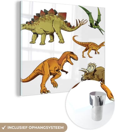 MuchoWow® Glasschilderij 90x90 cm - Schilderij acrylglas - Dinosaurus - Tekening - Kinderen - Jongens - Kinderen - Foto op glas - Schilderijen