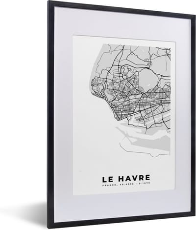 Fotolijst incl. Poster - Frankrijk - Plattegrond - Kaart - Le Havre - Stadskaart - 30x40 cm - Posterlijst