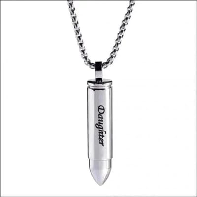 Aramat Jewels | Gedenkhangers | Stalen Kogel Ashanger met Tekst – Zilver & Zwart 5x1cm Gedenksieraad | Zilverkleurig/Daughter-5x1cm | |15mm | Staal | Volwassenen | Verkleurd niet