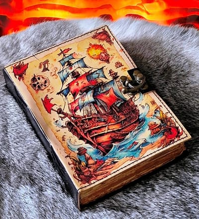 Leren Dagboek Piraten Schip - Leren Journal Piraten Boot - 18x13cm - Leren Notitieboek Piraten Schip - Handgemaakt
