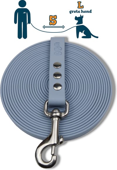 Miqdi BioThane® Sleeplijn 5 meter – zonder handvat – L/XL (19 mm) – pastel blauw – waterdicht & sterk