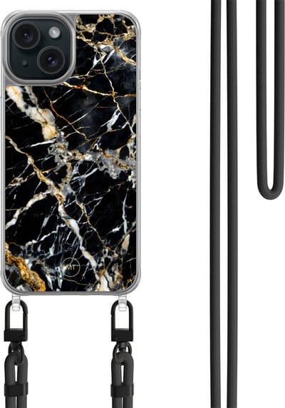 Hoesje met koord geschikt voor iPhone 13 - Black marble elegance - Inclusief zwart koord - Crossbody beschermhoes - Transparant, Zwart, Goud - Mooie Telefoonhoesjes