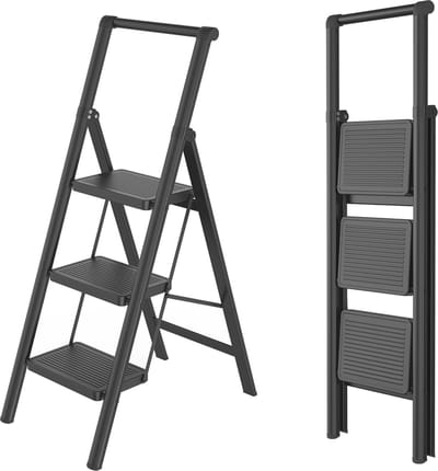 Vouwladder met 3 Treden en Antislip, Multifunctionele Huishoudladder, Belastbaar tot 270 kg