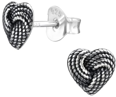 Joy|S - Zilveren hartje oorbellen - 6 mm - mesh bewerkt - geoxideerd - hartjes knoop - oorknoppen