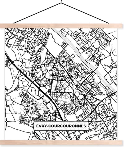 Posterhanger incl. Poster 40x40 cm - Schoolplaat - Frankrijk - Stadskaart - Plattegrond - Évry-Courcouronnes - Kaart - Textielposter - Blanke latten - Stadskaart