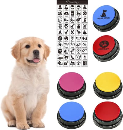 MMGGAISH 4-delige pratende hond knopset, hondenknop om met je hond te praten, 30 seconden opneembare stem, huisdier zoemer trainer-knop met instructies en 50 stickers