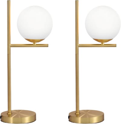 Glitzerlife - Tafellamp Tafellampen- 2 Stuks Nachtlamp Bedlamp - industrieel modern design - E27 fitting met schakelaar - metalen staaf met wit glazen kap - Ø22cm - Goud