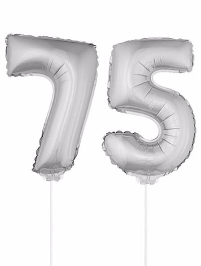 75 jaar leeftijd feestartikelen - versiering cijfers - ballonnen op stokje - van 41 cm - Combi van cijfer 75 - in het zilver
