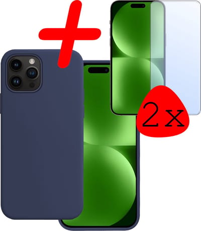 Hoesje Met 2x Screenprotector - Geschikt voor Apple iPhone 15 Pro - Sterk & Shockproof - Back Cover - Siliconen Case - Telefoon Hoes - Donkerblauw