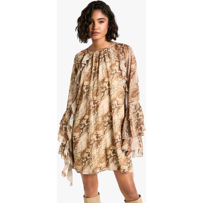 boohoo Dames Tall Snake Ruffle Flare Sleeve Mini Shift Dress | Natural | Maat: 34