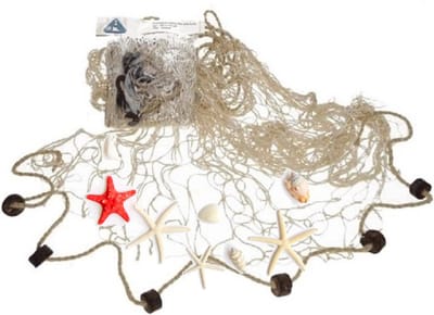 Gerkimex set van 2x stuks maritieme decoratie visnet met kurken 200 x 150 cm beige