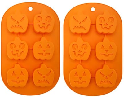2-Stuks Pompoenbakvorm - Siliconen pompoenvorm met 6 gaten - Halloween spookpompoenbakvorm - Thanksgiving bakvorm - Geschikt voor het bakken van koekjes, chocolade, gelei, fondanttaarten en het maken van handgemaakte zeep - Geel