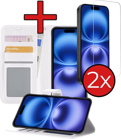 Hoesje - Met 2x Screenprotector - Geschikt voor Apple iPhone 16 - Luxe Pasjeshouder - Flip Case - Bookcase Portemonee - Kunstleer Book Case - Flipcase Hoes - Book Cover - Walletcase - Portemonneehoes - Telefoonhoes - Wit